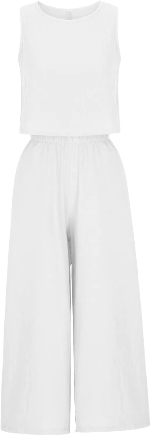 Women's Summer 2 Piece Outfits Sleeveless Crop Top Flowy Wide Leg Capri Pants Matching Sets Vacation Travel Clothes