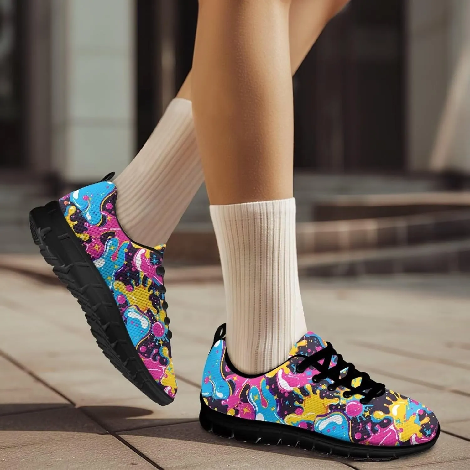 Womens Walking Shoes Non Slip Gym Workout Sneakers Popular Lace-Up Lightweight Comfort Cushion Shoes for Outdoor Size 5-12 Black Sole