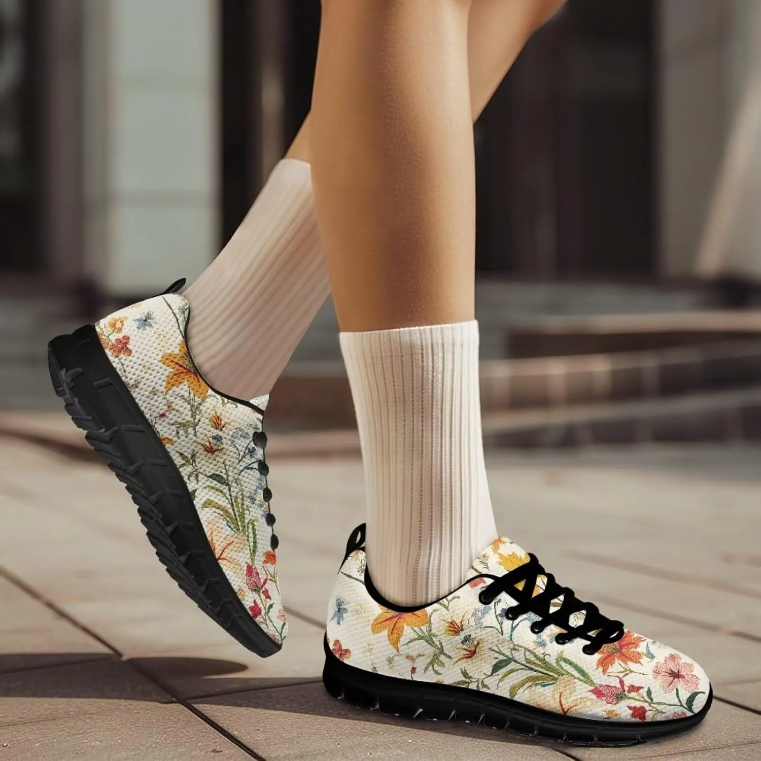 Womens Walking Shoes Non Slip Gym Workout Sneakers Popular Lace-Up Lightweight Comfort Cushion Shoes for Outdoor Size 5-12 Black Sole