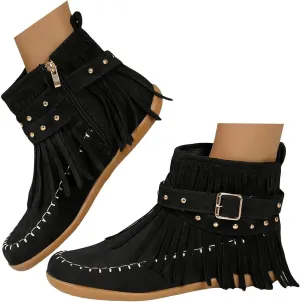 Womenyiaor Women's Fringe Western Cowgirl Boots Ankle Boots Cowboy Boots Suede Tassel Boots Fashion Pull On Short Boots Round Toe Flats Retro Winter Low Heel Booties