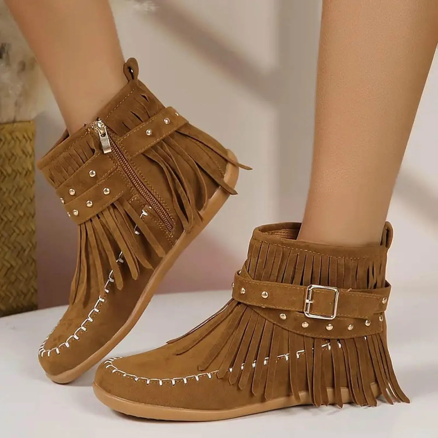Womenyiaor Women's Fringe Western Cowgirl Boots Ankle Boots Cowboy Boots Suede Tassel Boots Fashion Pull On Short Boots Round Toe Flats Retro Winter Low Heel Booties