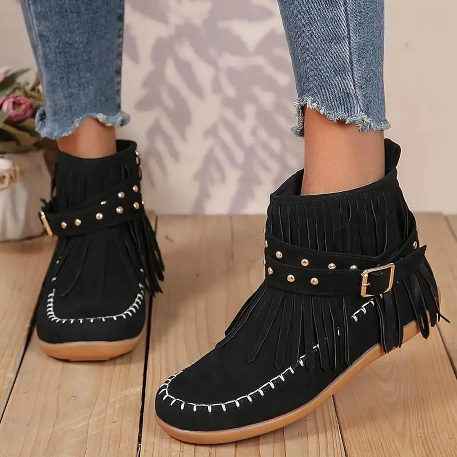 Womenyiaor Women's Fringe Western Cowgirl Boots Ankle Boots Cowboy Boots Suede Tassel Boots Fashion Pull On Short Boots Round Toe Flats Retro Winter Low Heel Booties