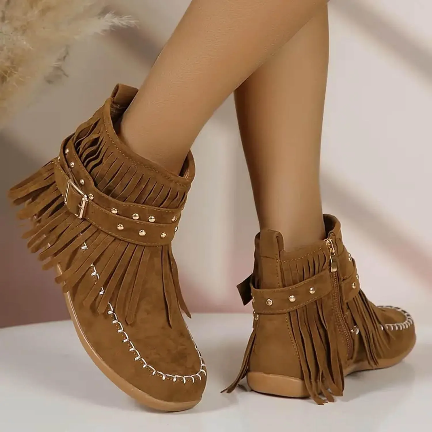 Womenyiaor Women's Fringe Western Cowgirl Boots Ankle Boots Cowboy Boots Suede Tassel Boots Fashion Pull On Short Boots Round Toe Flats Retro Winter Low Heel Booties