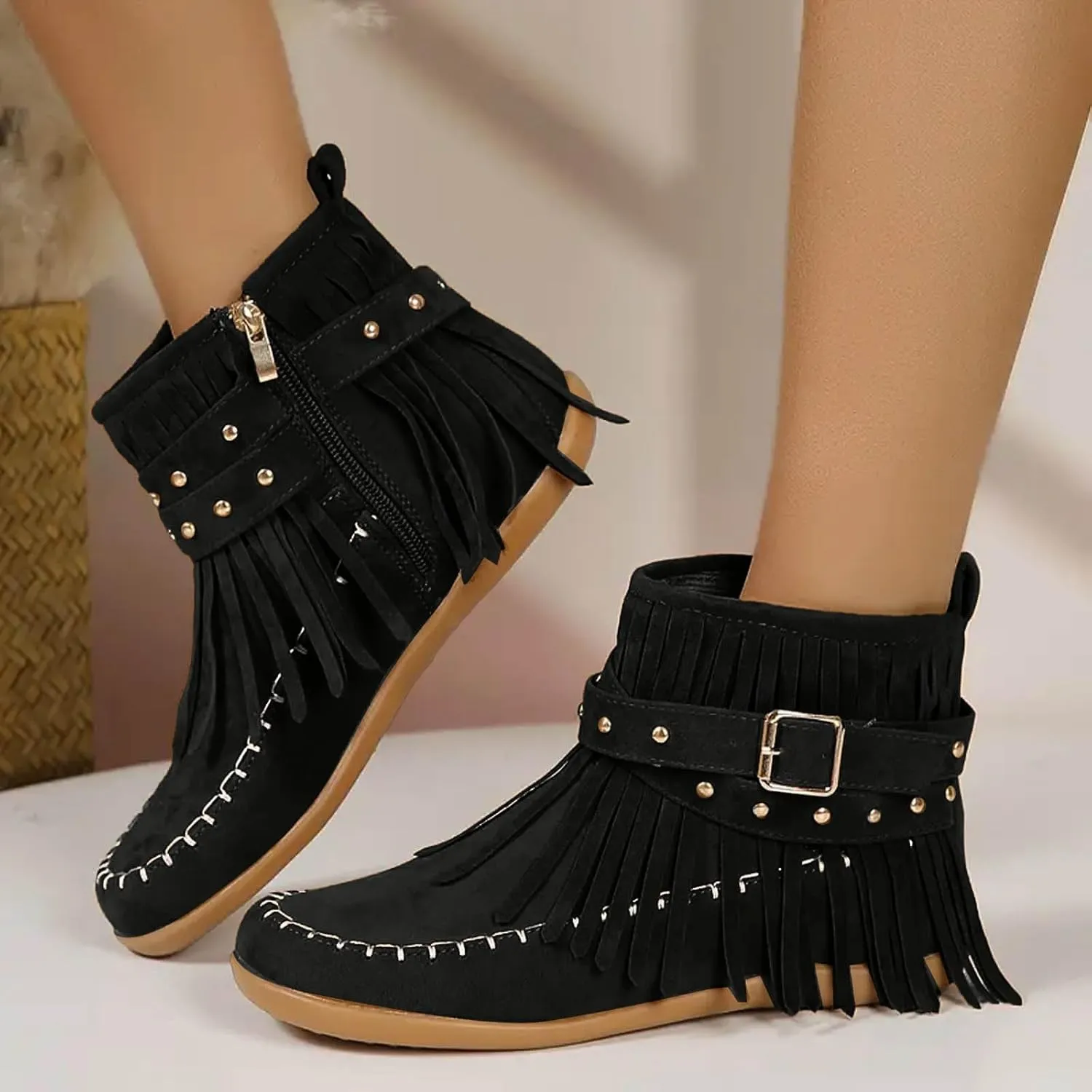 Womenyiaor Women's Fringe Western Cowgirl Boots Ankle Boots Cowboy Boots Suede Tassel Boots Fashion Pull On Short Boots Round Toe Flats Retro Winter Low Heel Booties