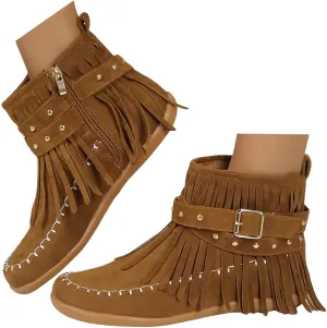 Womenyiaor Women's Fringe Western Cowgirl Boots Ankle Boots Cowboy Boots Suede Tassel Boots Fashion Pull On Short Boots Round Toe Flats Retro Winter Low Heel Booties