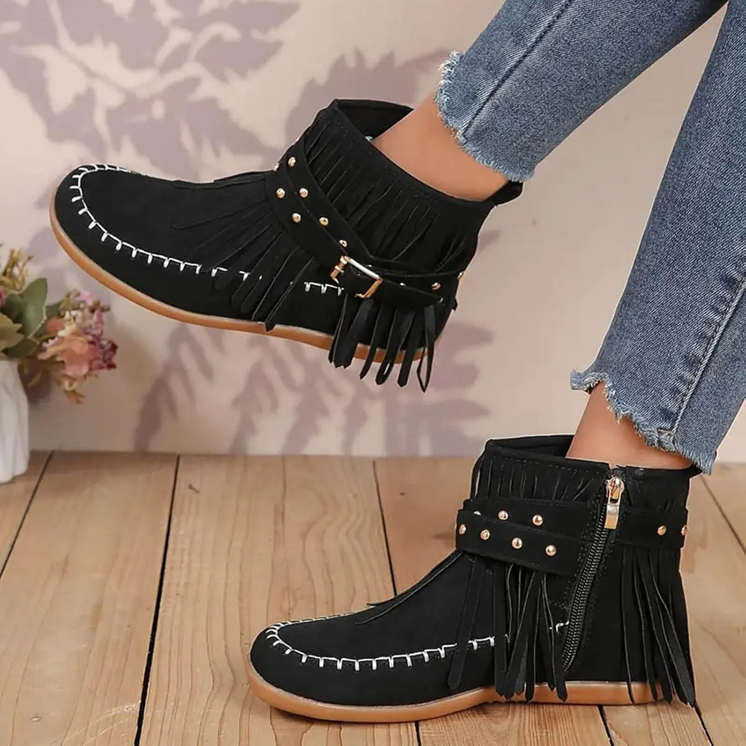 Womenyiaor Women's Fringe Western Cowgirl Boots Ankle Boots Cowboy Boots Suede Tassel Boots Fashion Pull On Short Boots Round Toe Flats Retro Winter Low Heel Booties