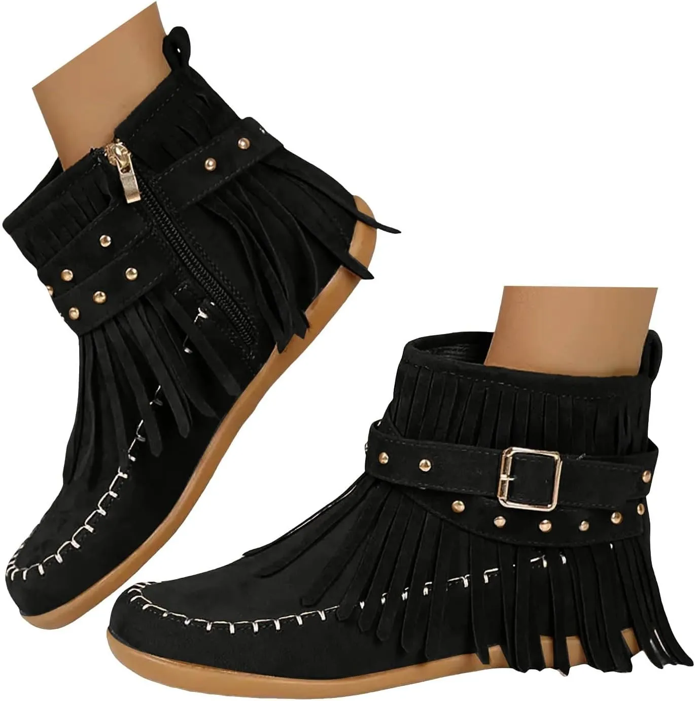 Womenyiaor Women's Fringe Western Cowgirl Boots Ankle Boots Cowboy Boots Suede Tassel Boots Fashion Pull On Short Boots Round Toe Flats Retro Winter Low Heel Booties