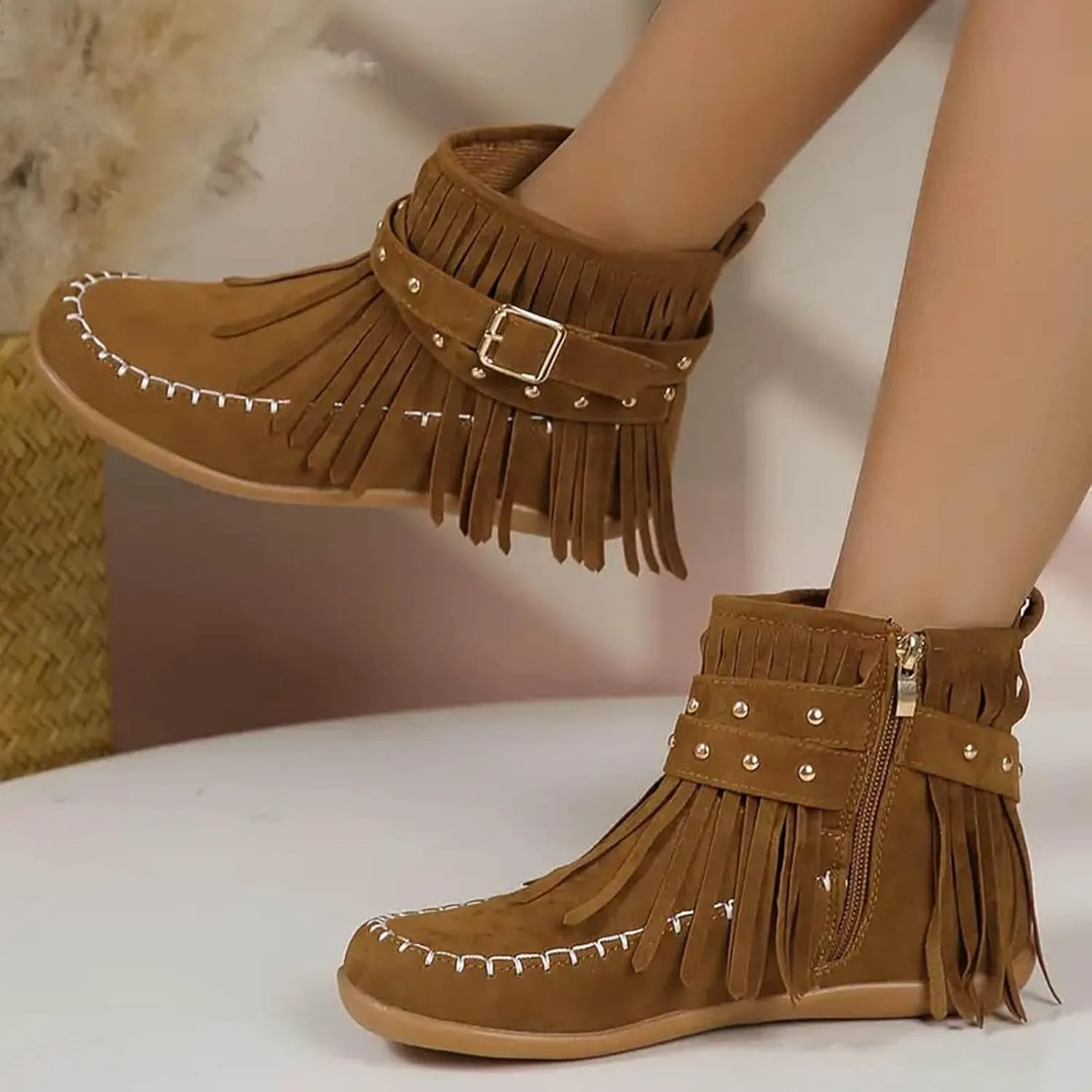 Womenyiaor Women's Fringe Western Cowgirl Boots Ankle Boots Cowboy Boots Suede Tassel Boots Fashion Pull On Short Boots Round Toe Flats Retro Winter Low Heel Booties