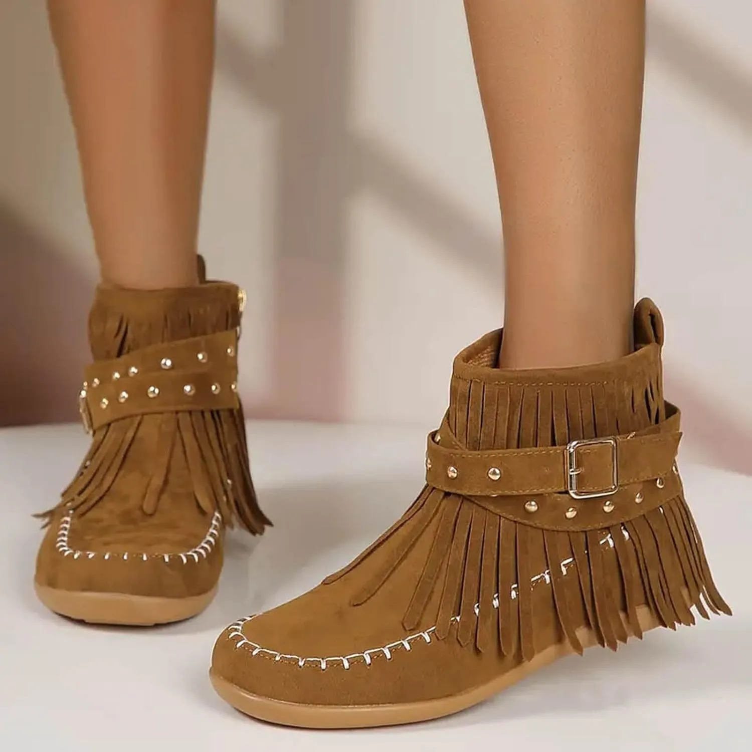 Womenyiaor Women's Fringe Western Cowgirl Boots Ankle Boots Cowboy Boots Suede Tassel Boots Fashion Pull On Short Boots Round Toe Flats Retro Winter Low Heel Booties