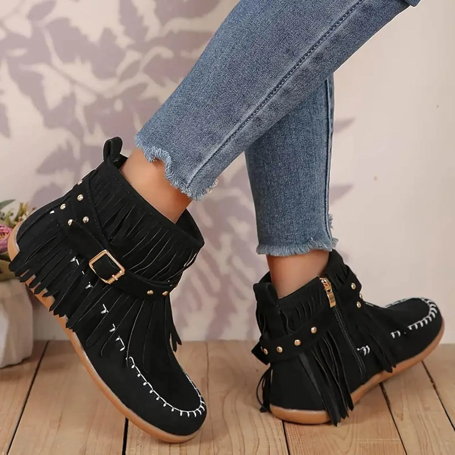 Womenyiaor Women's Fringe Western Cowgirl Boots Ankle Boots Cowboy Boots Suede Tassel Boots Fashion Pull On Short Boots Round Toe Flats Retro Winter Low Heel Booties