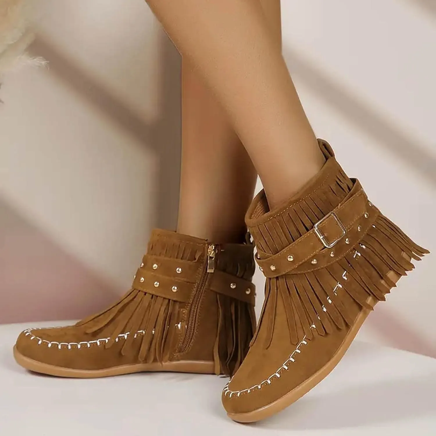 Womenyiaor Women's Fringe Western Cowgirl Boots Ankle Boots Cowboy Boots Suede Tassel Boots Fashion Pull On Short Boots Round Toe Flats Retro Winter Low Heel Booties