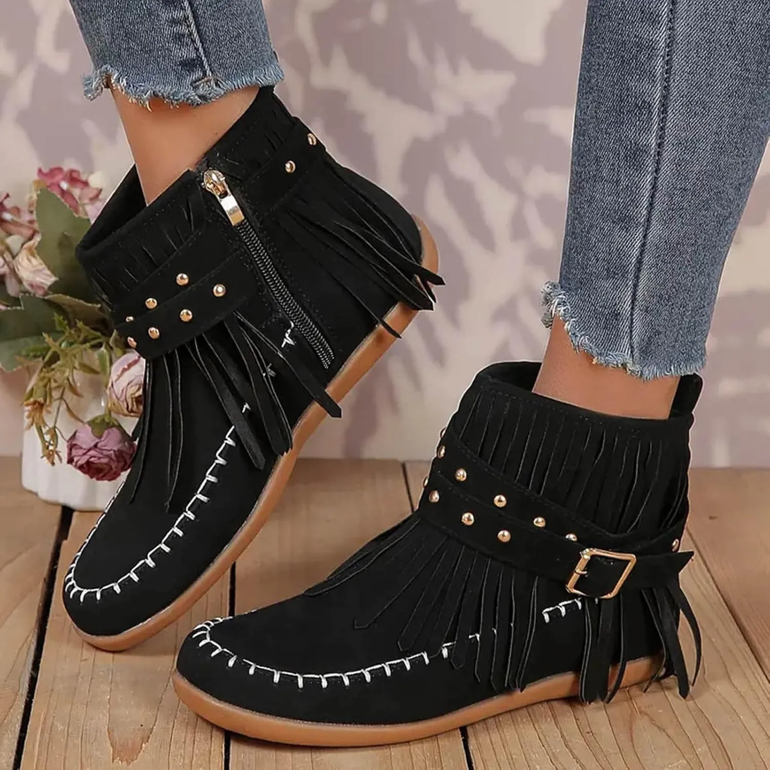 Womenyiaor Women's Fringe Western Cowgirl Boots Ankle Boots Cowboy Boots Suede Tassel Boots Fashion Pull On Short Boots Round Toe Flats Retro Winter Low Heel Booties