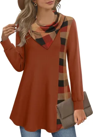 Youtalia Women's Long Sleeve Cowl Neck Tunic Color Block Pullover Sweatshirt