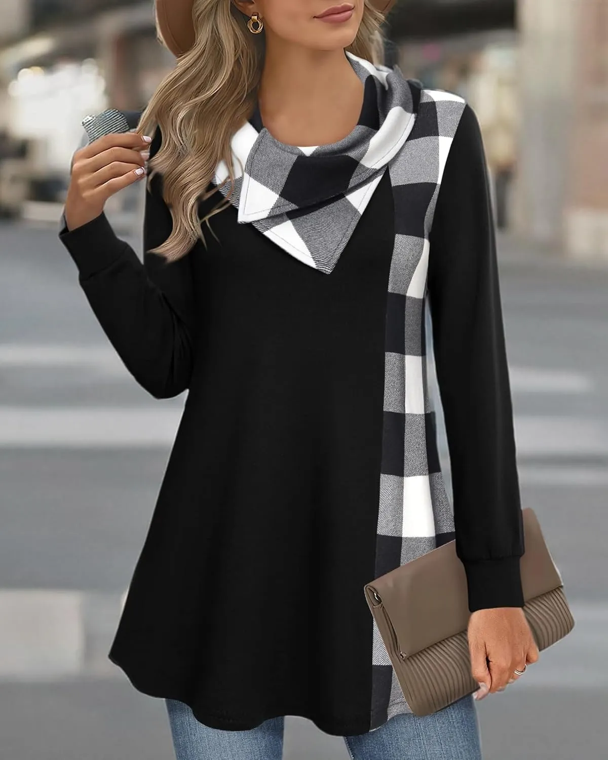 Youtalia Women's Long Sleeve Cowl Neck Tunic Color Block Pullover Sweatshirt
