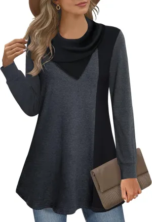 Youtalia Women's Long Sleeve Cowl Neck Tunic Color Block Pullover Sweatshirt