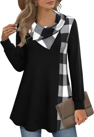 Youtalia Women's Long Sleeve Cowl Neck Tunic Color Block Pullover Sweatshirt