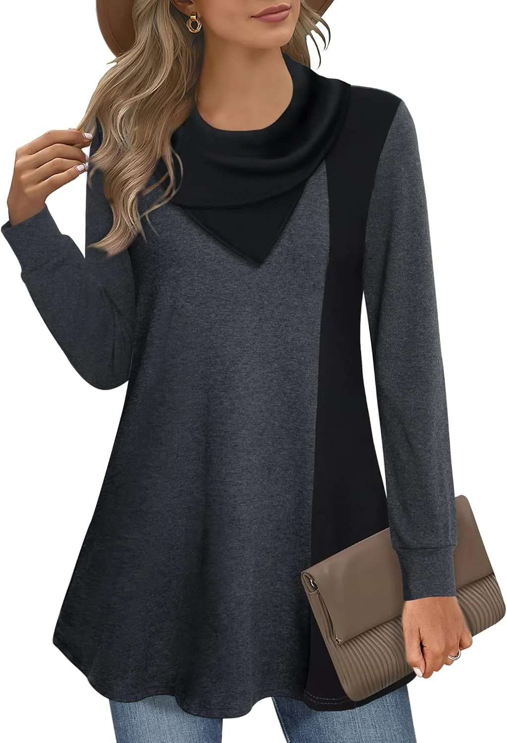 Youtalia Women's Long Sleeve Cowl Neck Tunic Color Block Pullover Sweatshirt
