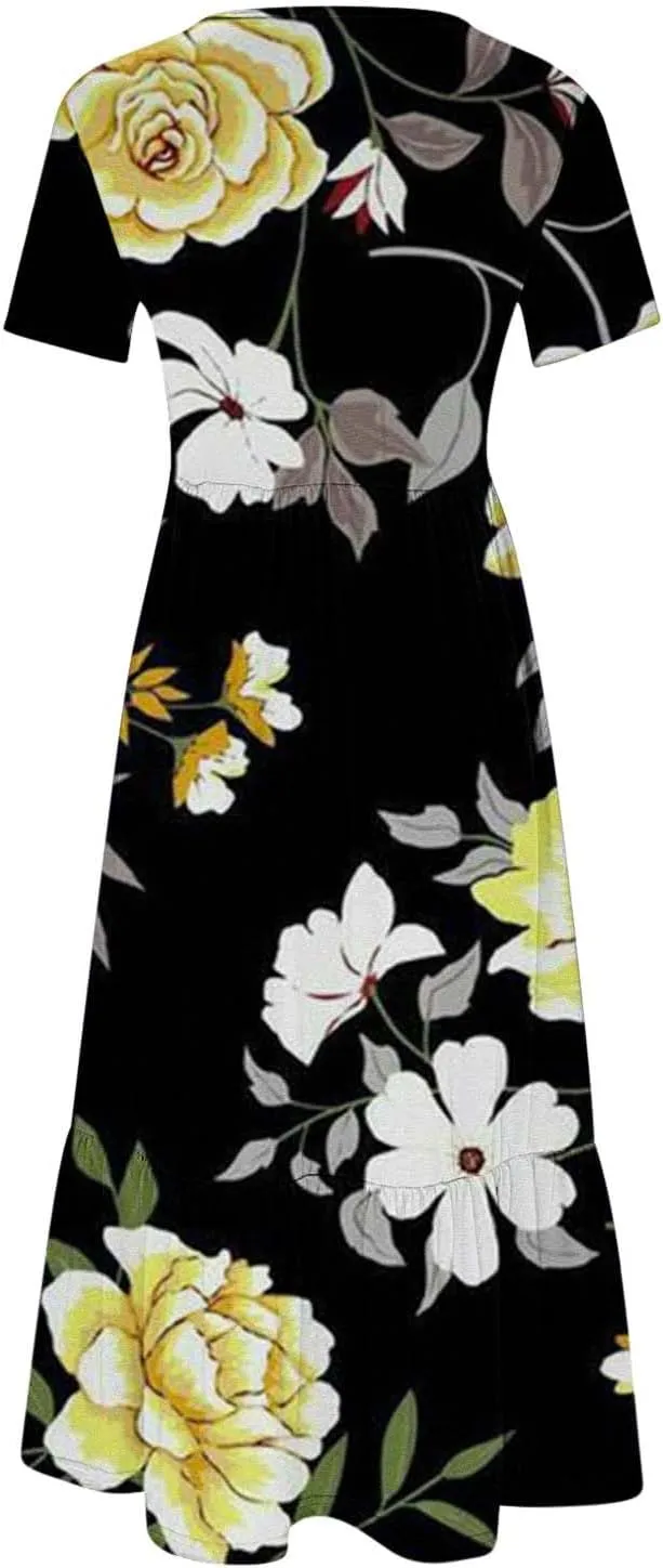 ZDRZK Dresses for Women 2024 Crewneck Short Sleeve Ruched Tshirt Sundress Boho Floral Print Long Maxi Dresses with Pockets