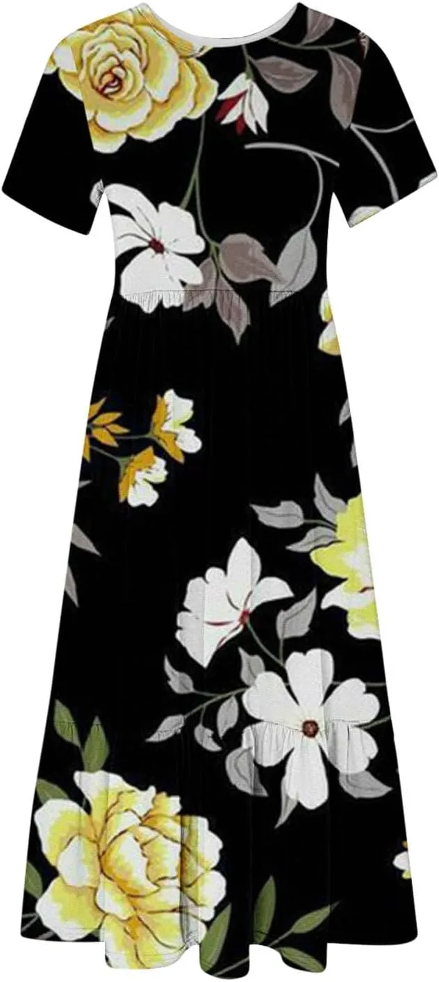 ZDRZK Dresses for Women 2024 Crewneck Short Sleeve Ruched Tshirt Sundress Boho Floral Print Long Maxi Dresses with Pockets