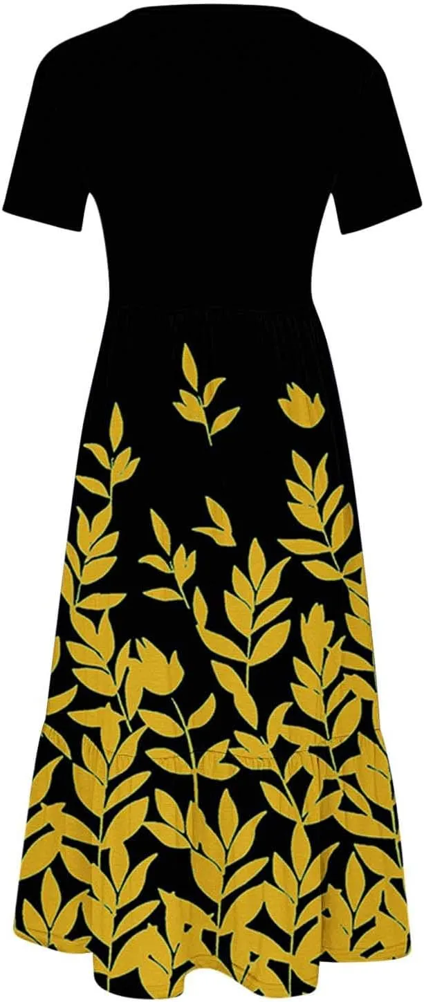 ZDRZK Dresses for Women 2024 Crewneck Short Sleeve Ruched Tshirt Sundress Boho Floral Print Long Maxi Dresses with Pockets