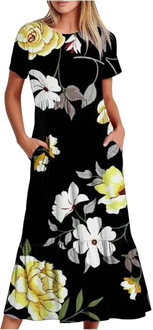ZDRZK Dresses for Women 2024 Crewneck Short Sleeve Ruched Tshirt Sundress Boho Floral Print Long Maxi Dresses with Pockets