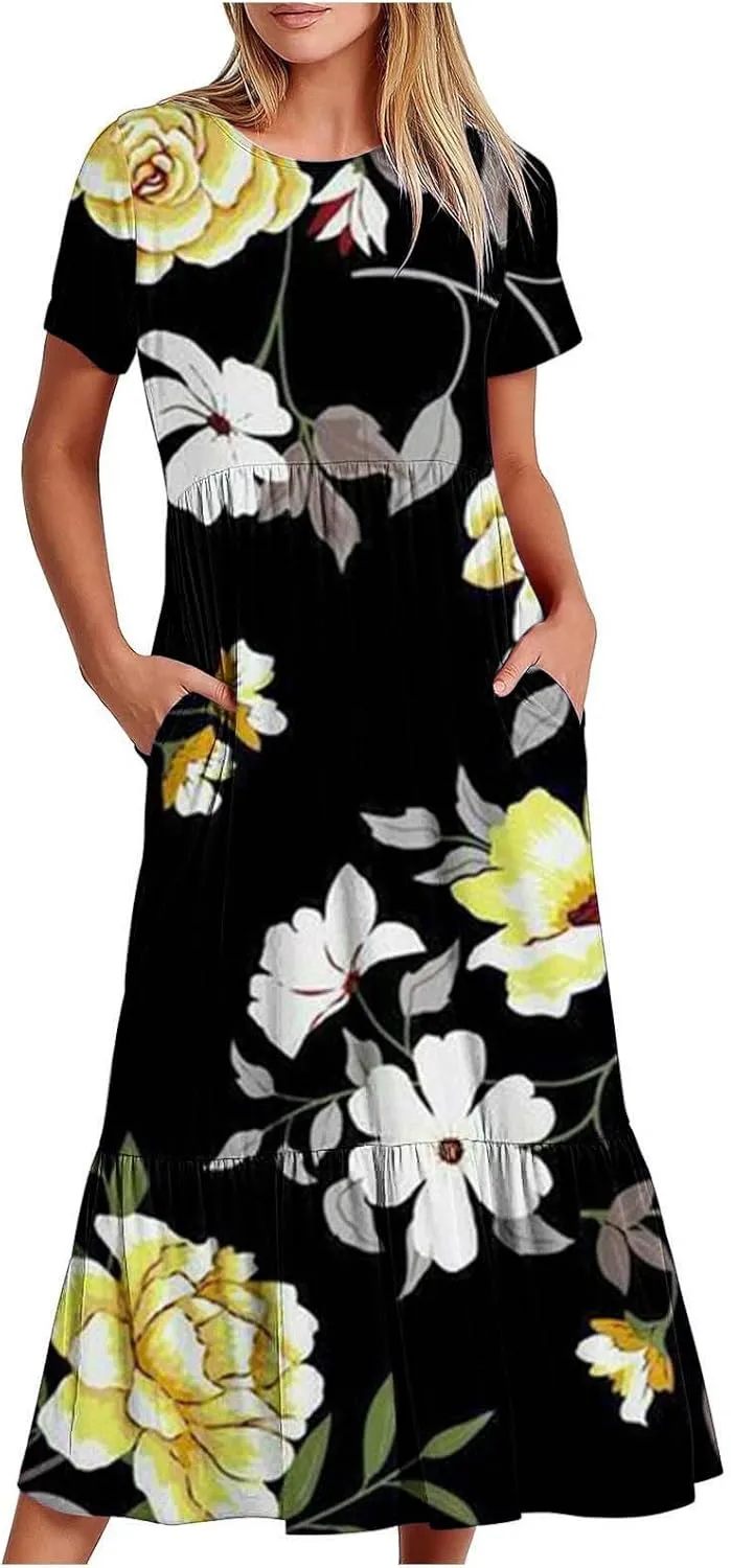 ZDRZK Dresses for Women 2024 Crewneck Short Sleeve Ruched Tshirt Sundress Boho Floral Print Long Maxi Dresses with Pockets