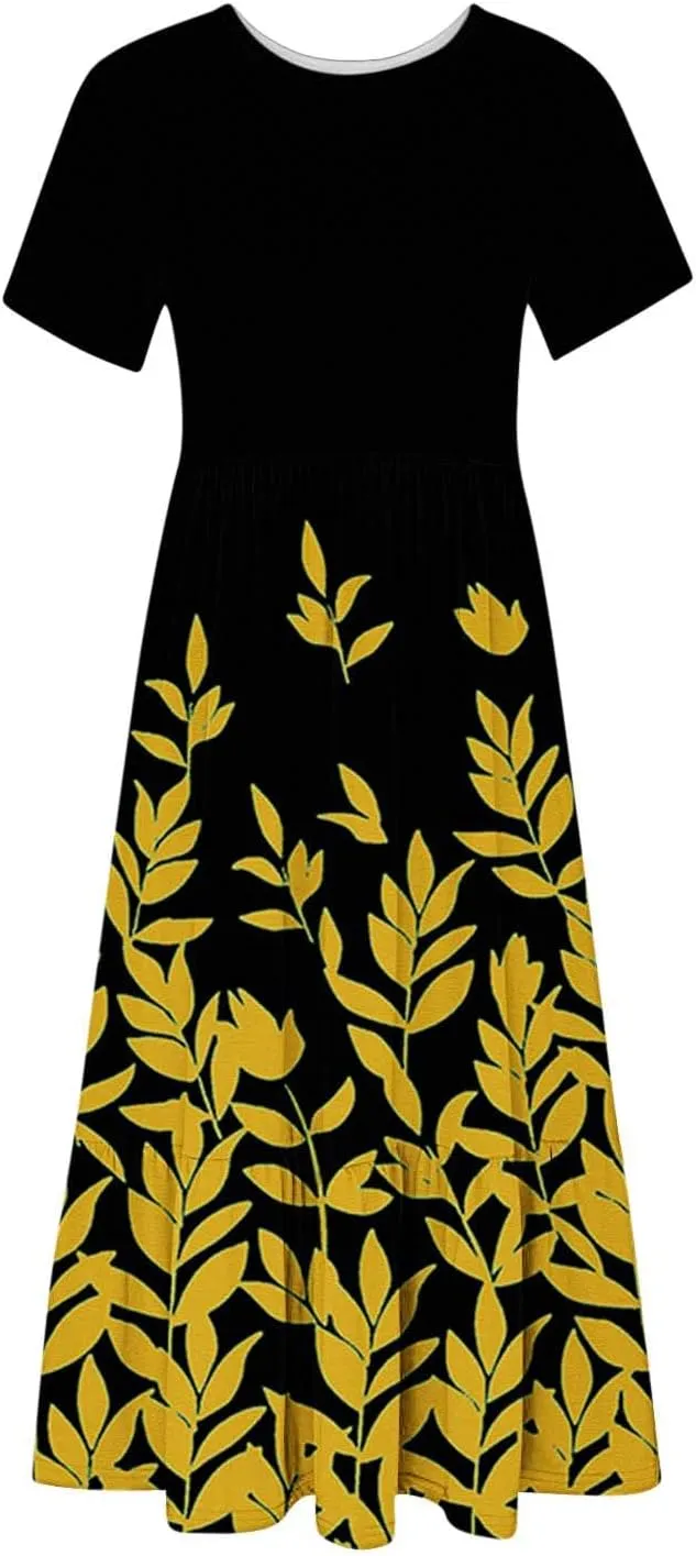 ZDRZK Dresses for Women 2024 Crewneck Short Sleeve Ruched Tshirt Sundress Boho Floral Print Long Maxi Dresses with Pockets