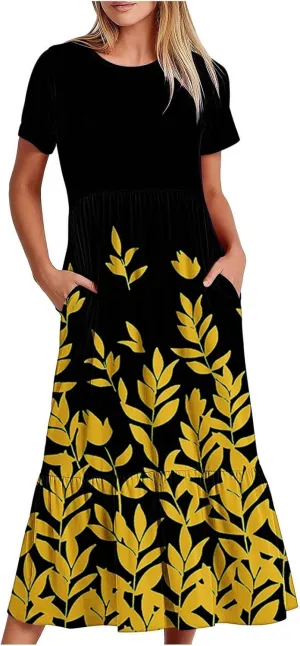 ZDRZK Dresses for Women 2024 Crewneck Short Sleeve Ruched Tshirt Sundress Boho Floral Print Long Maxi Dresses with Pockets
