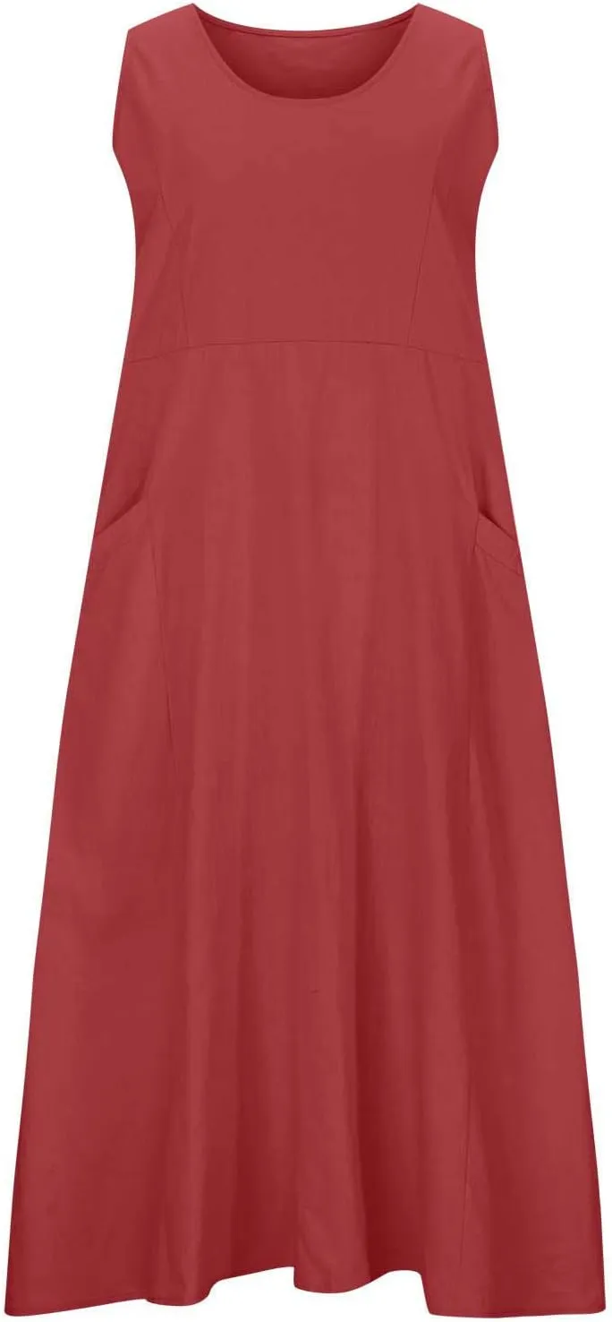 ZDRZK Western Dress for Women Sleeveless Tank Cotton Linen T-Shirts Dress Pocket Flowy Long Hawaiian Sundresses Trendy 2024