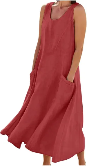 ZDRZK Western Dress for Women Sleeveless Tank Cotton Linen T-Shirts Dress Pocket Flowy Long Hawaiian Sundresses Trendy 2024