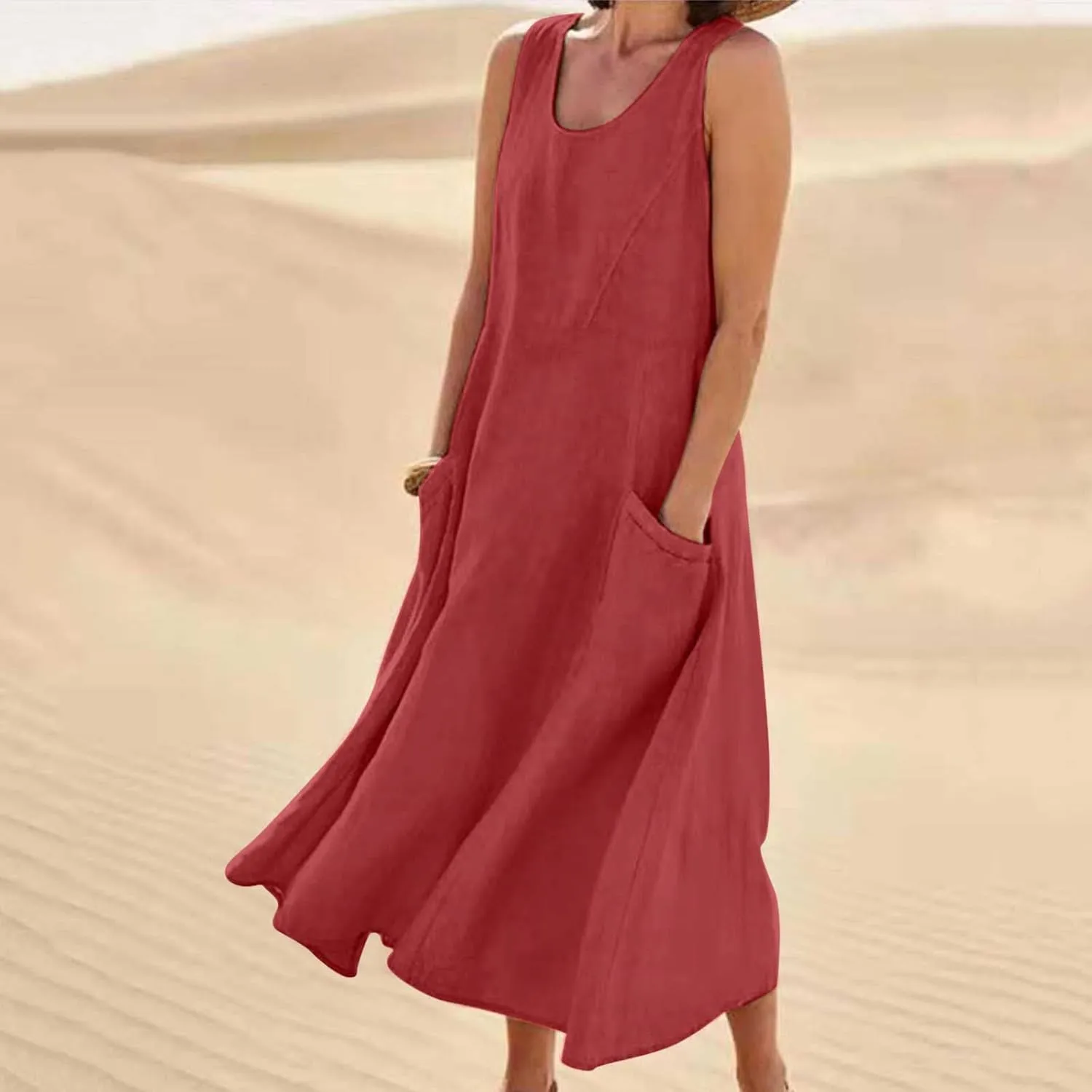 ZDRZK Western Dress for Women Sleeveless Tank Cotton Linen T-Shirts Dress Pocket Flowy Long Hawaiian Sundresses Trendy 2024