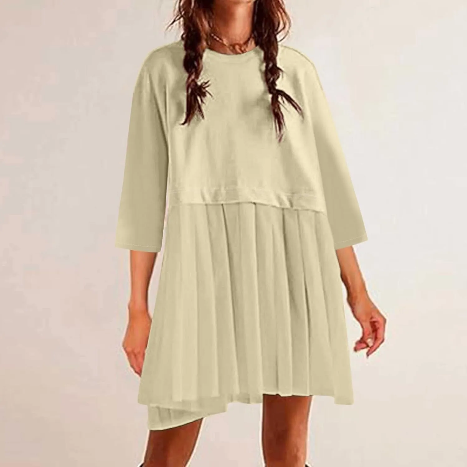 ZDRZK Women's Summer Dresses 3/4 Sleeve Crewneck Solid Color Casual Sundresses Loose Flowy Beach Mini Dress Trendy 2024