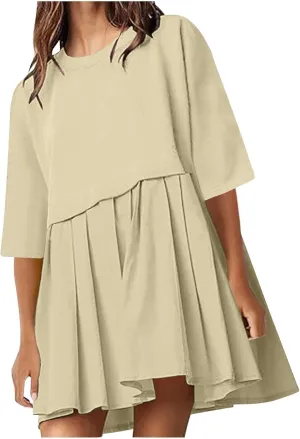 ZDRZK Women's Summer Dresses 3/4 Sleeve Crewneck Solid Color Casual Sundresses Loose Flowy Beach Mini Dress Trendy 2024